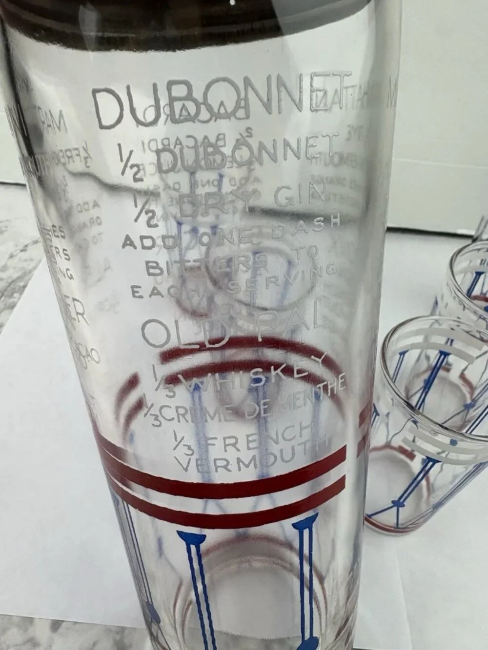 *Vintage Art Deco Glass & Metal Bar Set: Cocktail Shaker w/ Cover + 5 Glasses